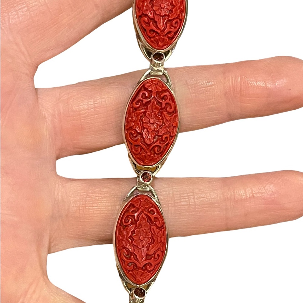 - Sajen sterling silver 925 fancy carved coral bracelet with garnets